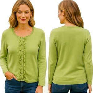 BODEN Cotton Ruffle Button Cardigan in Apple Green